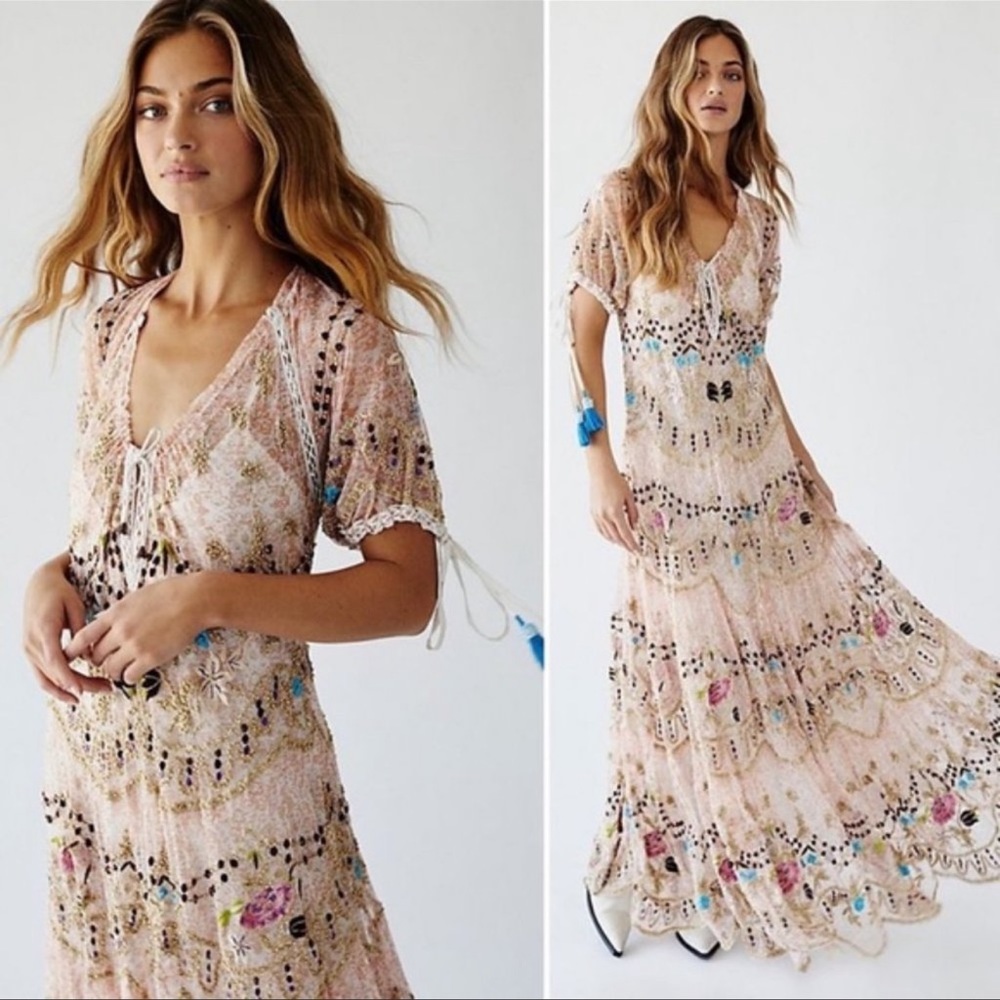 Free People Party Rosalie Beaded Tassels Embroidered Maxi Dress - Picture 1 of 10
